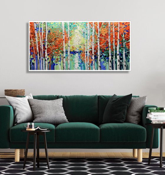 Woodlands Magic - Original Abstract Tree Painting, Colorful Trees Painting, Large Original Nature Landscape Modern Texture Painting Boho Wall Art Living Room Decor - Size: 48 x 24 inches (120 x 60 cm)