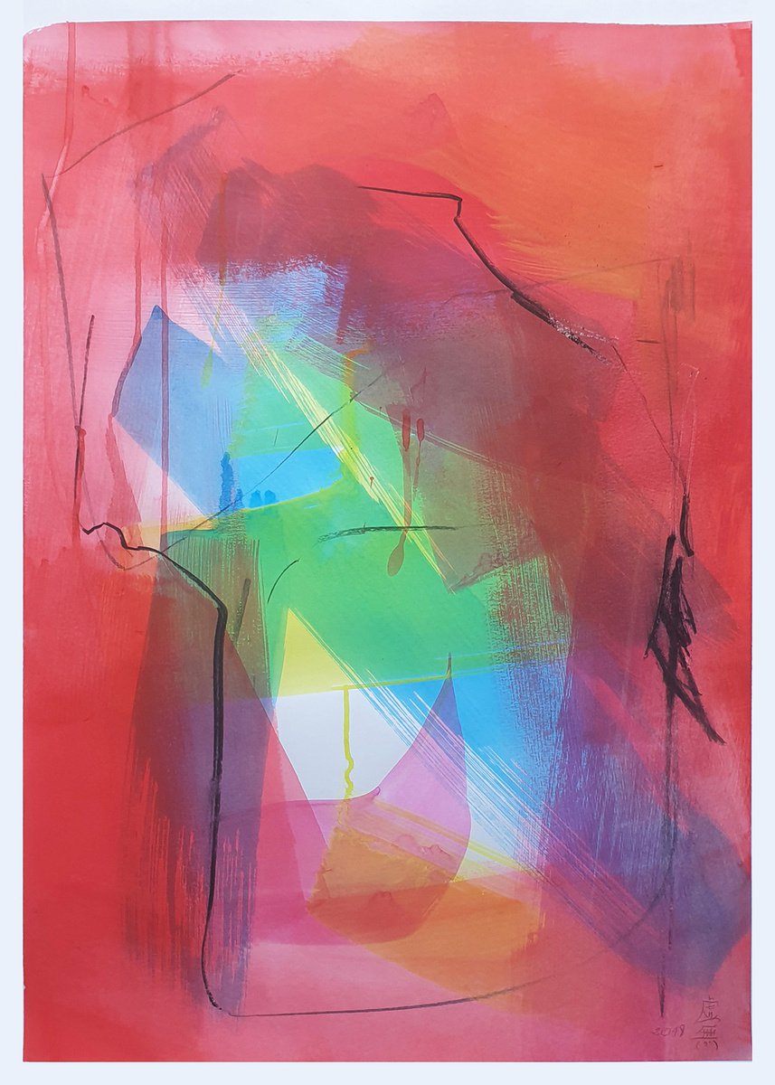 Abstract Painting By T Kyomu, 20 X 28", Red 01 Curiosity, Original Artwork