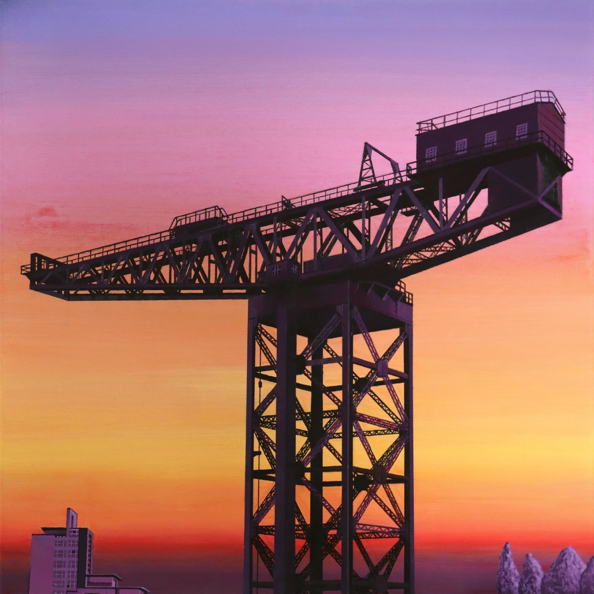 Photorealistic Cityscapes Acrylic Painting By Zoltan Till, 20 X 20", Crane Over The River Clyde, Original Artwork
