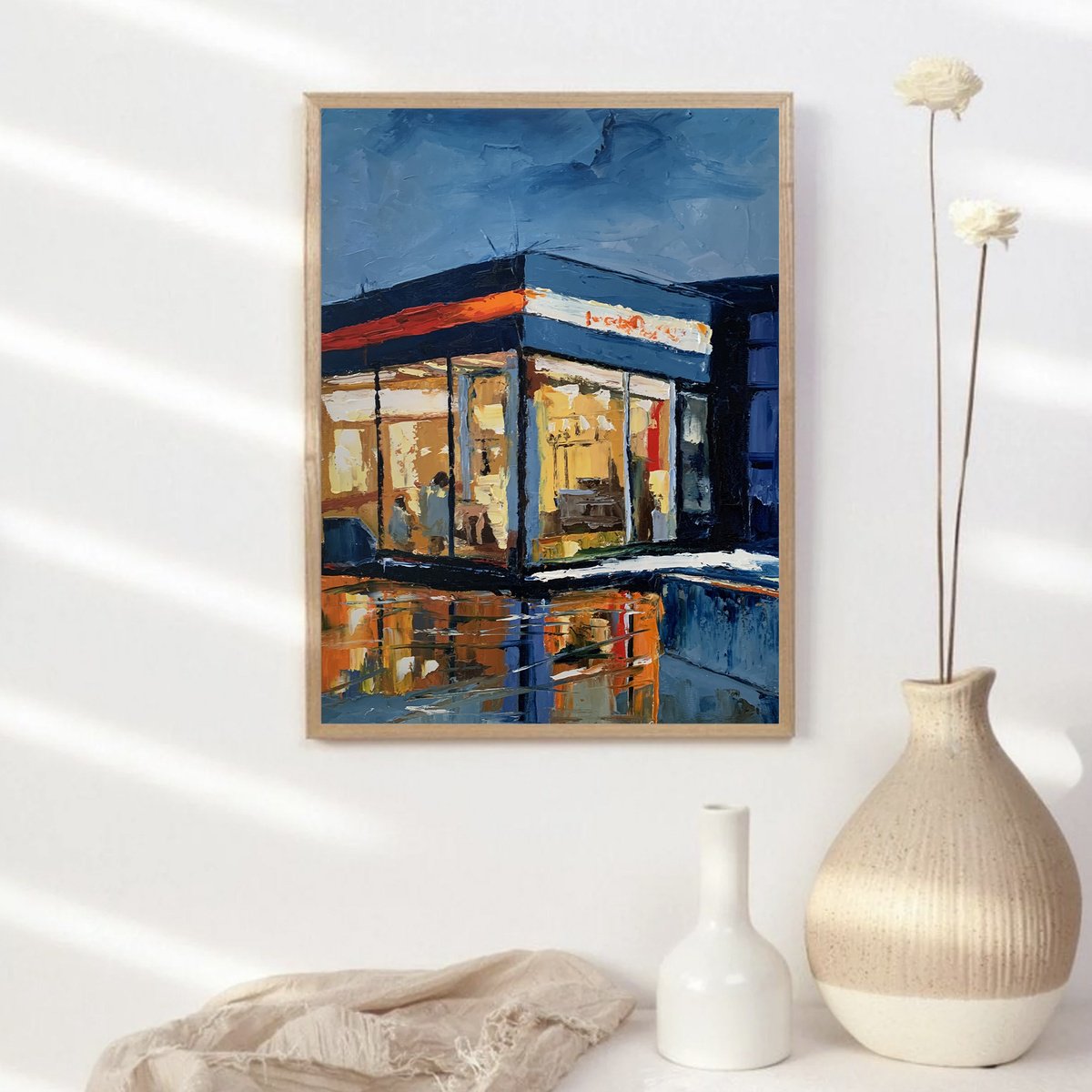 Expressive Cityscapes Oil Painting By Vita Schagen, 16 X 20", Night Cafe., Original Artwork