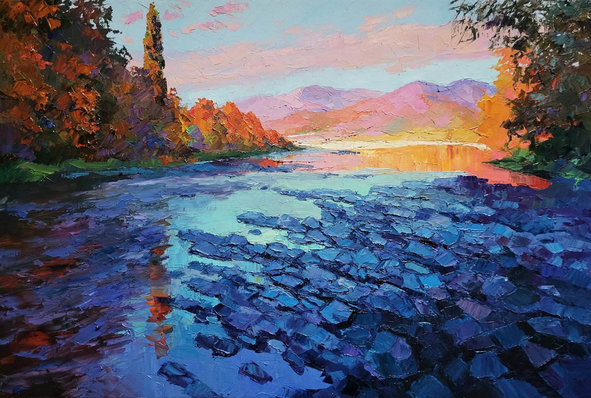 Impressionistic Landscape Oil Painting By Boris Serdyuk, 35 X 24, A River In The Mountains, Original Artwork