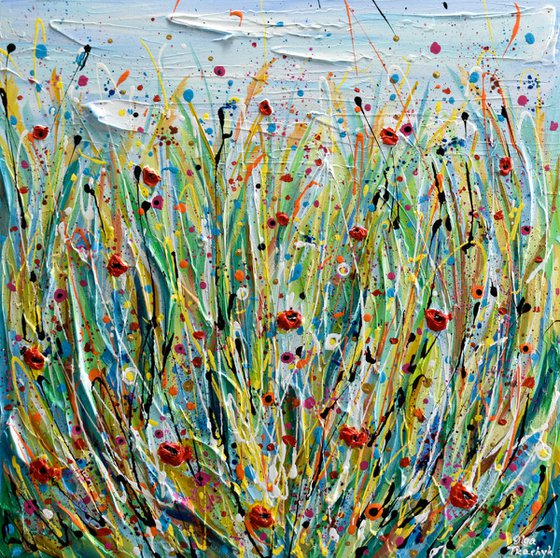 Poppy Meadow - Wildflower field Painting, Textured Wall Art