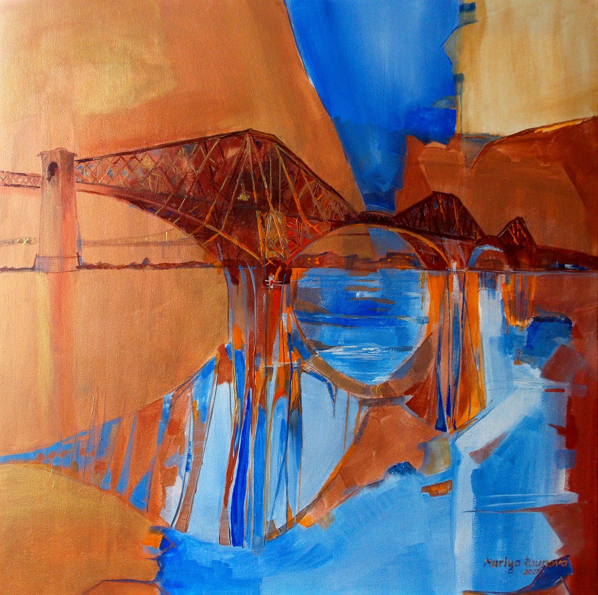 Organic Cityscapes Acrylic Painting By Maria Paunova, 31 X 31", The Forth Bridge, Original Artwork