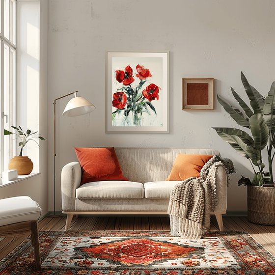 Red Poppy Textured Impasto