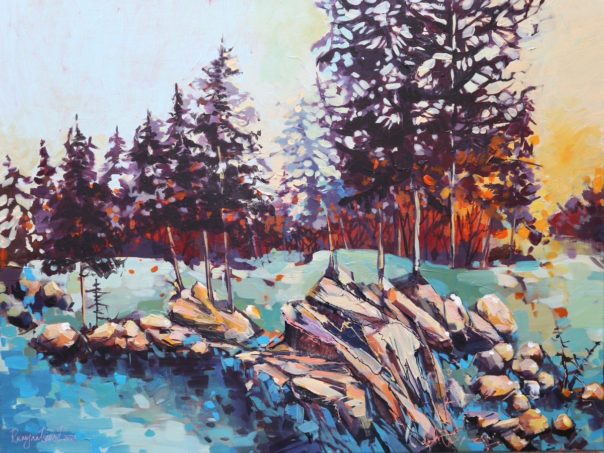 Impressionistic Landscape Acrylic Painting By Irina Rumyantseva, 31 X 24, Along The River Side, Original Artwork