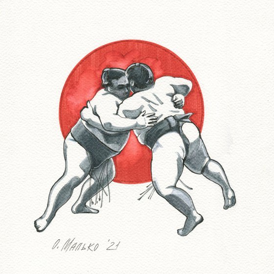 Sumo wrestlers / Original illustration. Japanese style. Wall art decor. Sport office design. Hand drawing picture