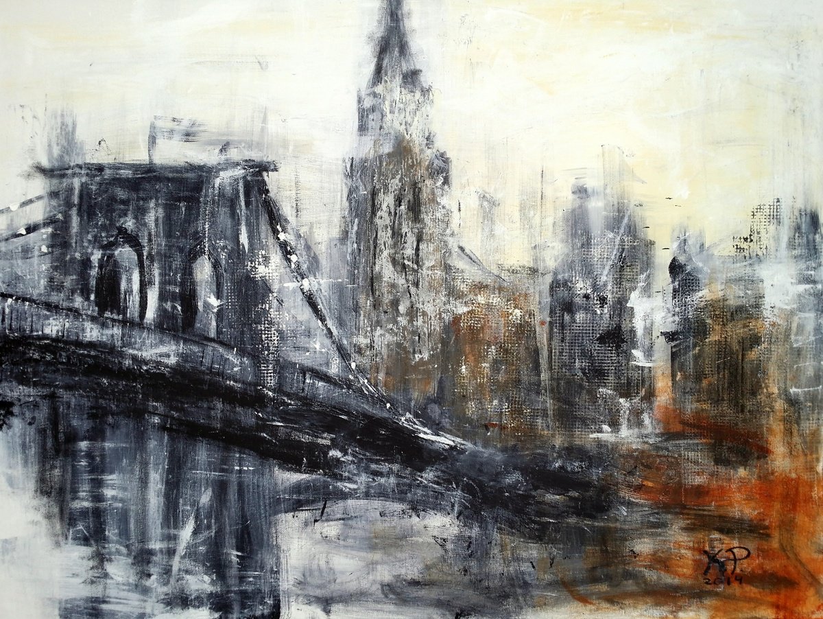Impressionistic Cityscapes Acrylic Painting By Kasia Pawlak, 40 X 30", Brooklyn Bridge, Original Artwork