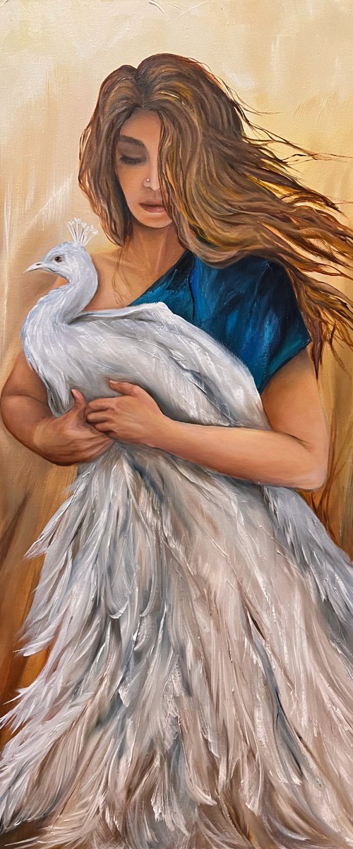 Dignity, oil painting, Picture of a girl, beautiful girl, girl in a dress, Portrait of a girl, painting with meaning, peacock, peacock picture, peacock girl, white peacock, symbol of dignity by Natalie Demina