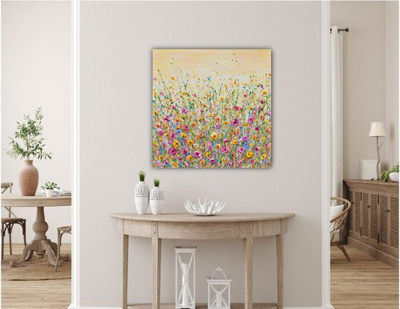 Sunshine Meadow - Textured Floral Painting, Palette knife art