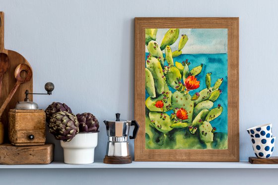 Opuntia - meditterianean seascape original watercolor