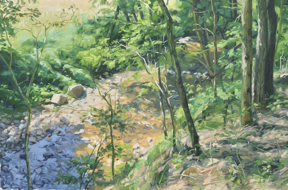 Impressionistic Landscape Oil Painting By Anne Baudequin, 36 X 24, At The Edge Of The River, Original Artwork
