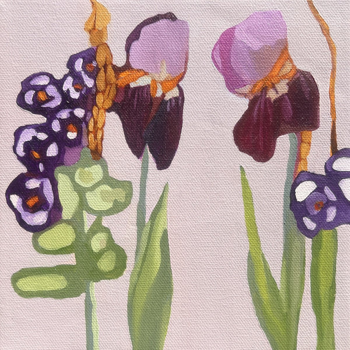 Organic Botanical Oil Painting By Anna Bergin, 8 X 8, Conversations Irises, Original Artwork