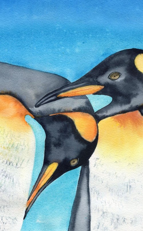 A couple of penguins. Birds of Antarctica. Original watercolor. by Evgeniya Mokeeva