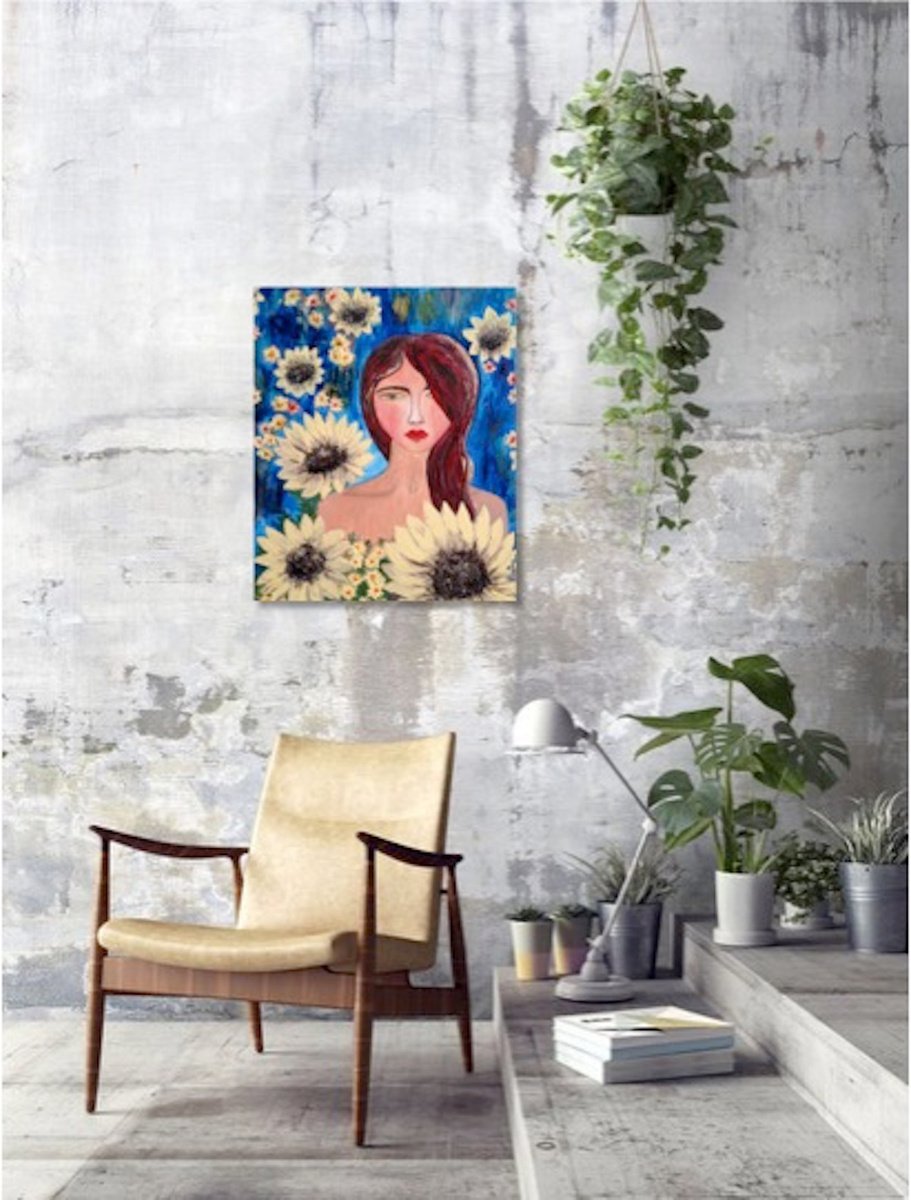 23.5x20 (60x50cm), Diana, Original Sunflower Woman Painting, White, Yellow, Blue, ready... by Elena Parau