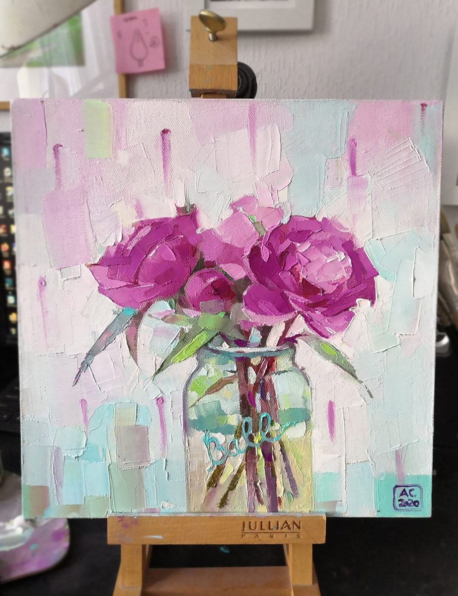 Pink peonies in a transparent vase by Alexandra Sergeeva