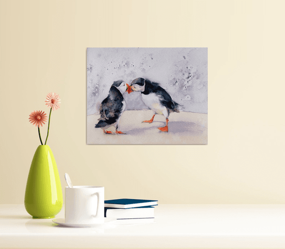 Puffins - It must be love, original watercolour painting