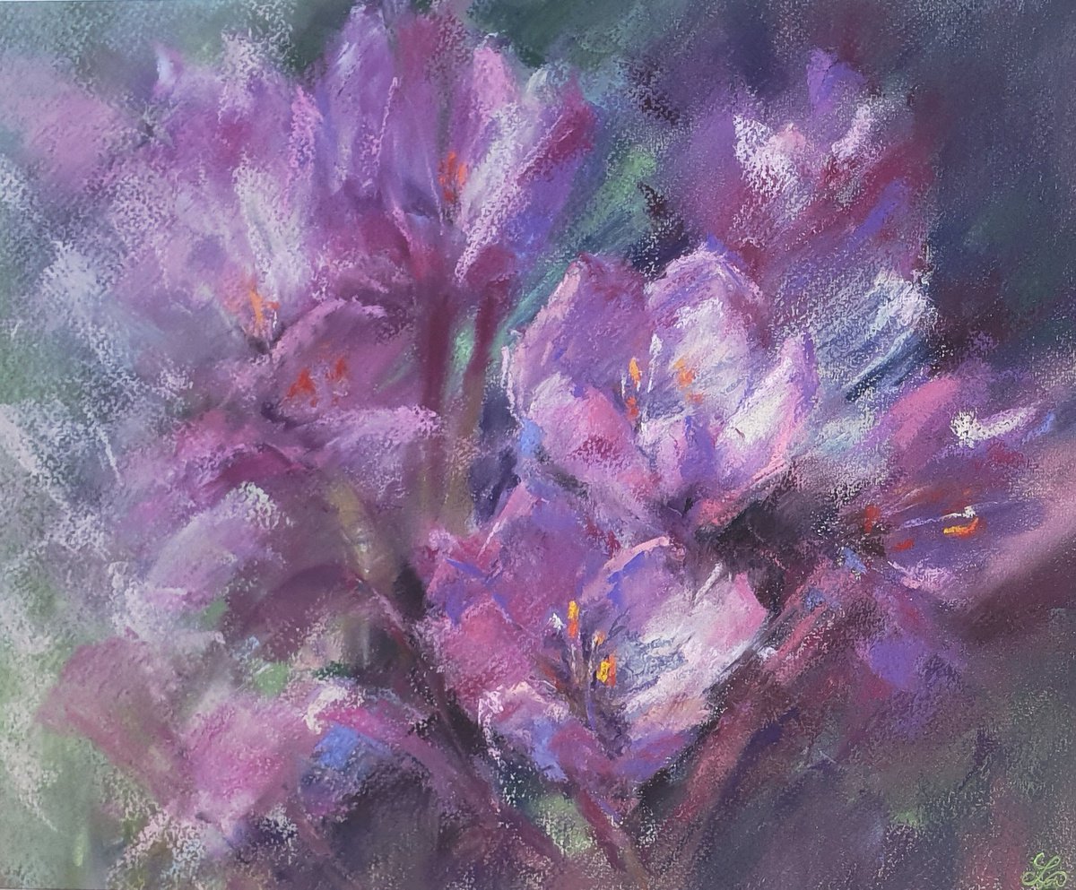 Impressionistic Botanical Painting By Elena Genkin, 14 X 11, Crocus Family, Original Artwork