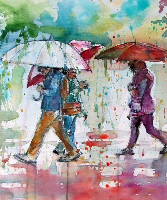 Walking people at rain