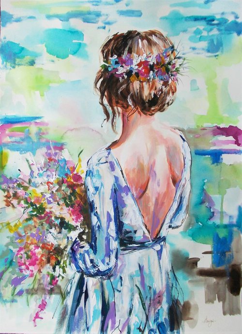 Rare Flower 4 - Figurative Acrylic Mixed Media  Painting on Paper by Antigoni Tziora