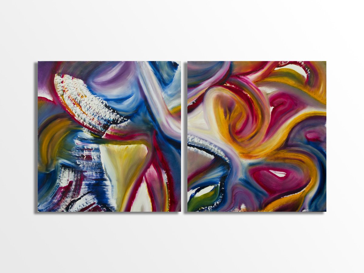 Expressive Abstract Oil Painting By Davide De Palma, 47 X 26, Festa, Diptych, Original Artwork