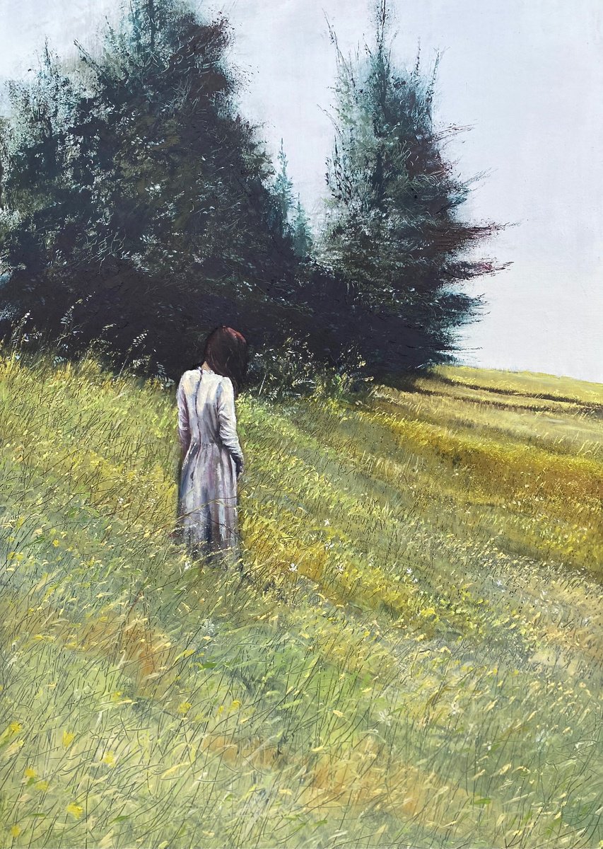 Impressionistic Landscape Oil Painting By Simon Jones, 17 X 23", Girl In A Meadow, Original Artwork