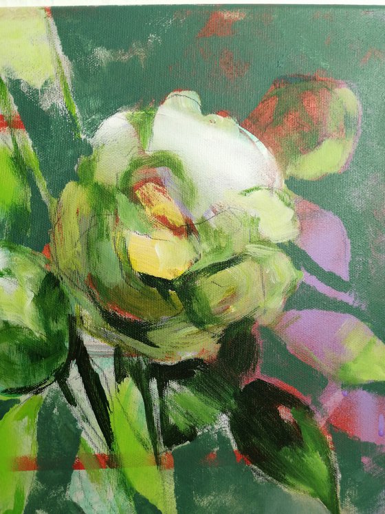 Green peonies modern mixed media painting