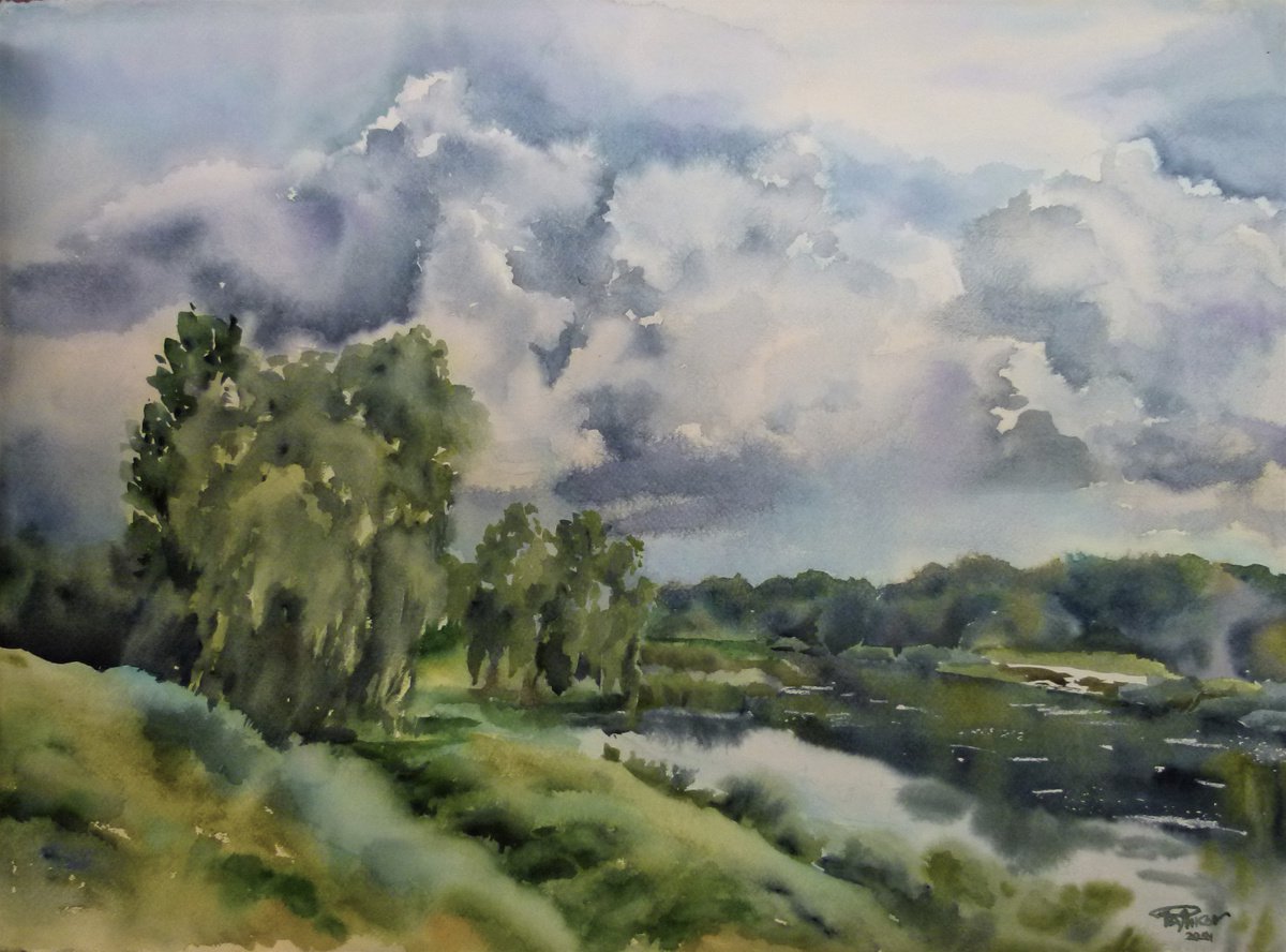 Impressionistic Landscape Watercolour By Yurii Pashkov, 30 X 22", "Summer Day", Original Artwork