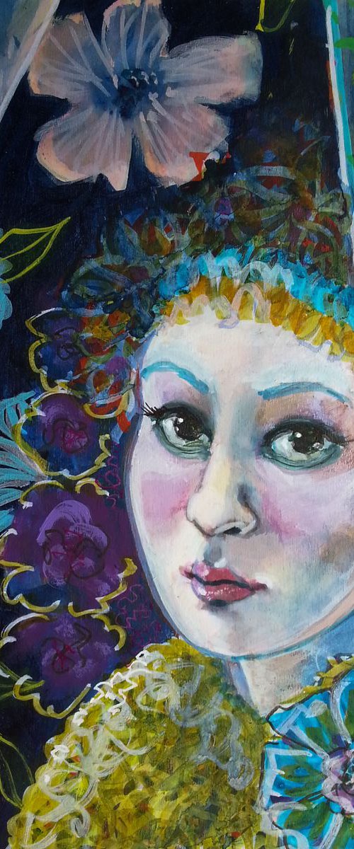 Little blue girl - mixed media - portrait - pink - decorative - gift by Fabienne Monestier