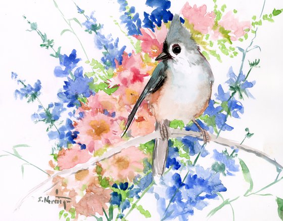 Titmouse Bird and Flowers Watercolour by Suren Nersisyan | Artfinder