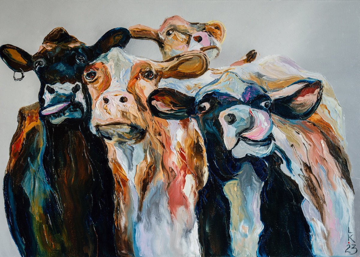 Animal Oil Painting By Liubov Kuptsova, 28 X 20", Cows