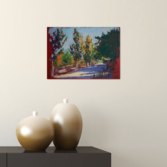 Autumn is coming. Evening plain air in the park. Oil pastel painting. Small original colorful fall home decor interior street park trees fall colors