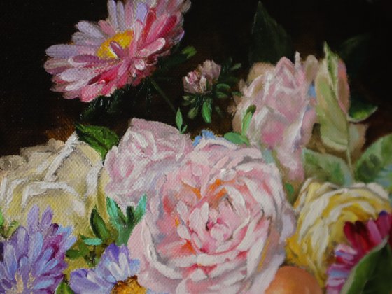 Roses, Asters and Apricots. Still life floral