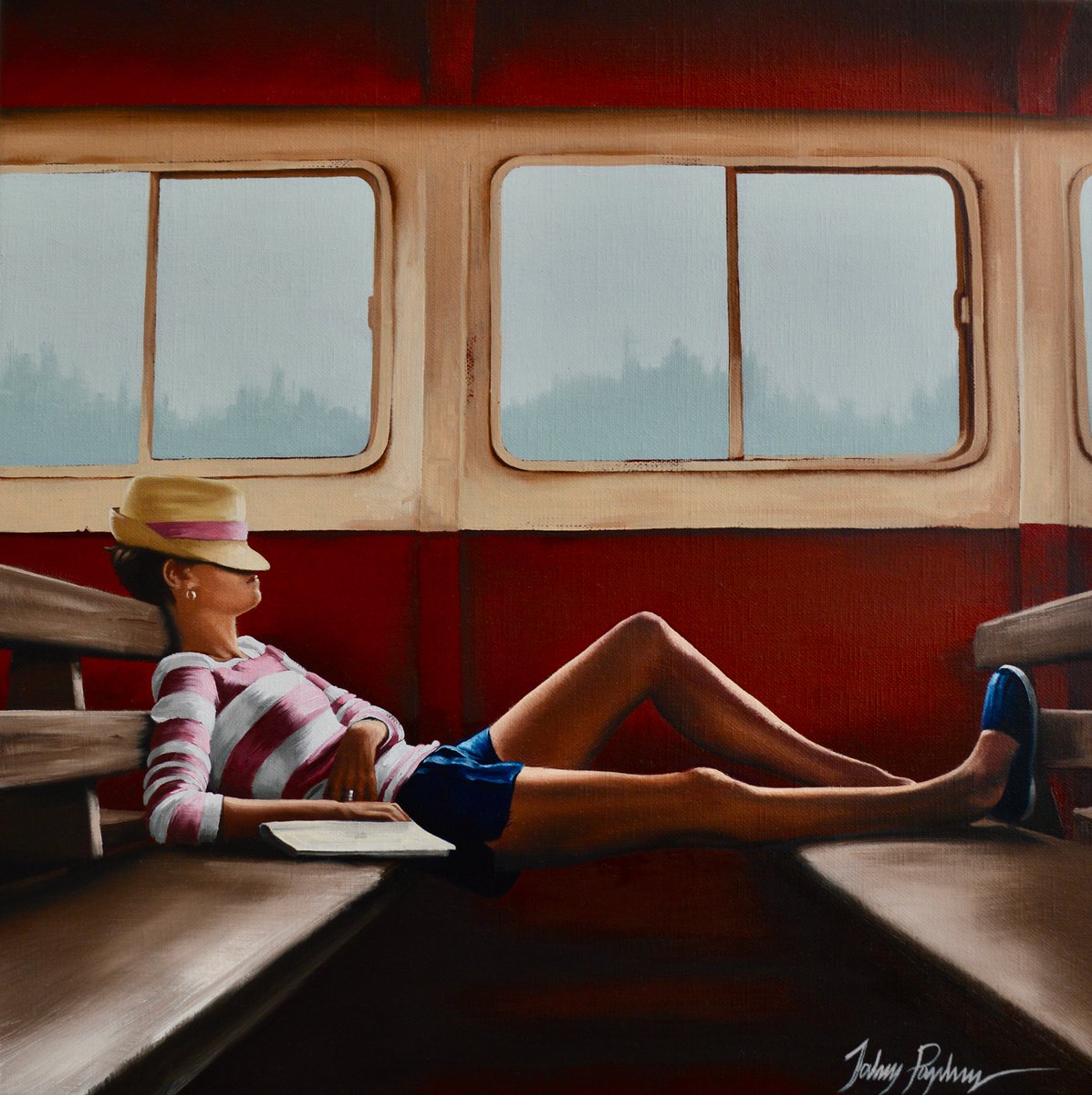 Urban And Pop Portrait Oil Painting By Johnny Popkess, 16 X 16, Sleeper Carriage, Original Artwork