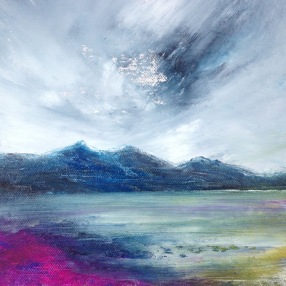 Impressionistic Landscape Acrylic Painting By Oconnart, 10 X 10", Magenta Shore, Original Artwork