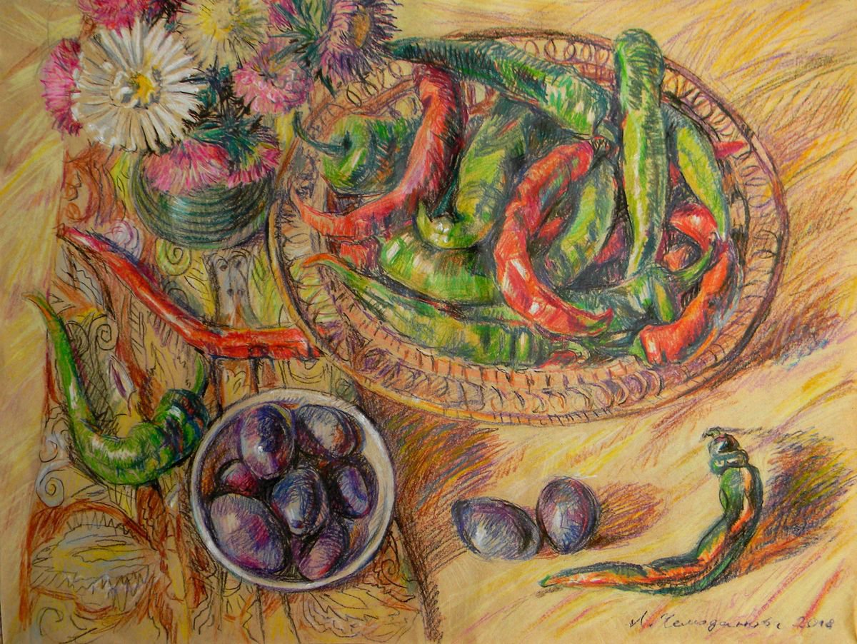 Plums and pepper by Liudmyla Chemodanova