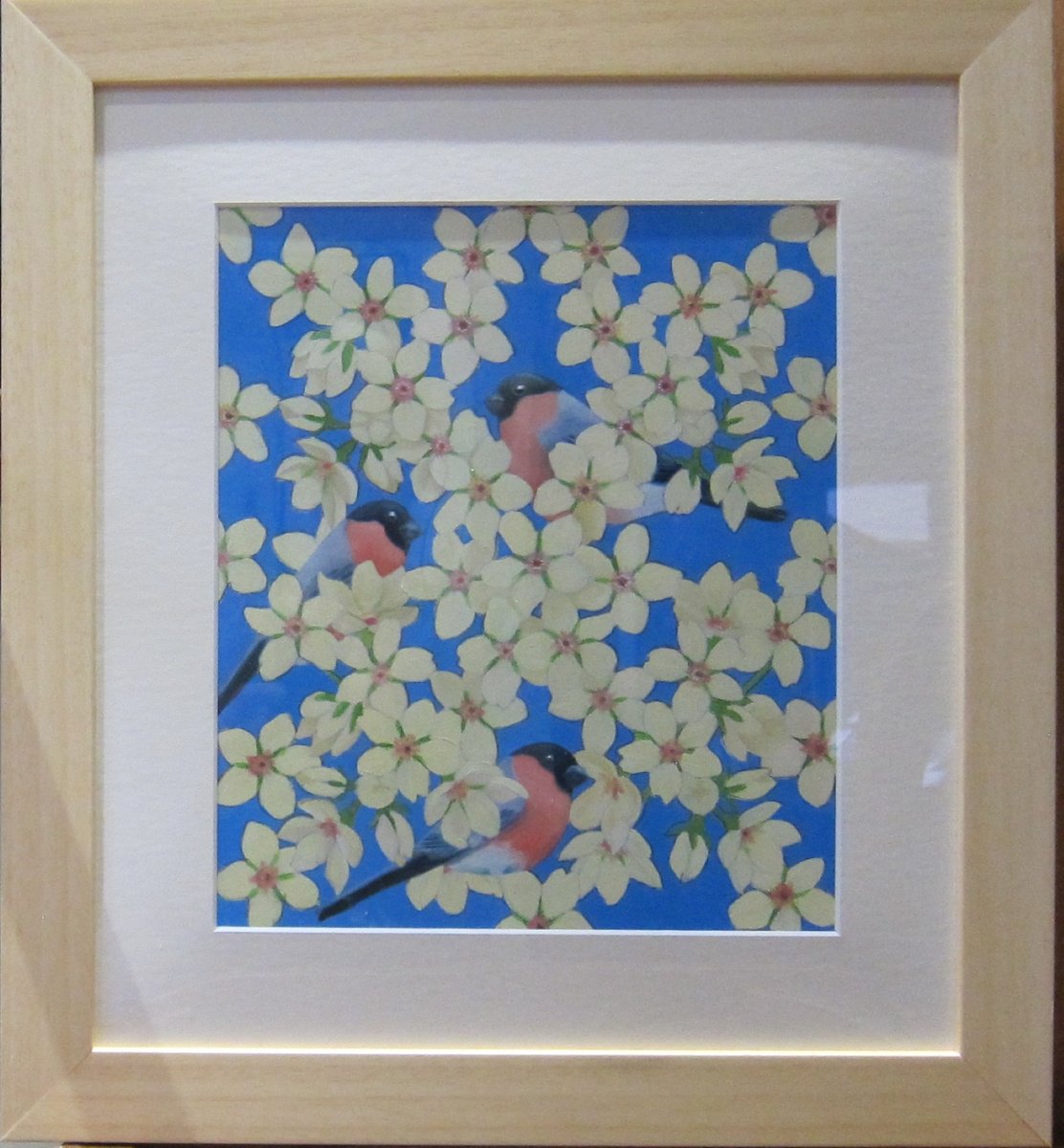 Botanical Oil Painting By Sophie Colmer-Stocker, 17 X 15", Plum Blossom And Bullfinches, Original Artwork