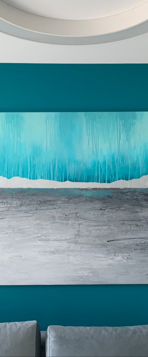 "Lake" Abstract teal blue silver acrylic art by Nina