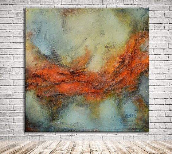 Terra rossa, 40" x 40" x 1.5"  (101 cm x 101 cm x 3.8 cm) - large orange and blue grey abstract landscape