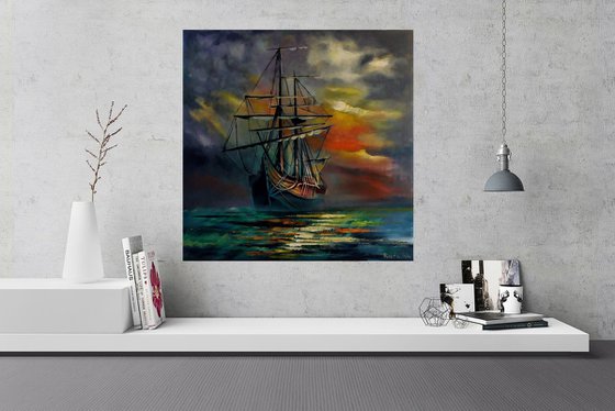 " Royal Fortune " - Bartholomew Roberts Ship 80 x 80cm Original Oil Painting Black Bart