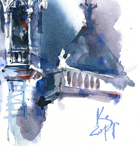 "The Gothic Tower of Notre Dame Cathedral" watercolour sketch