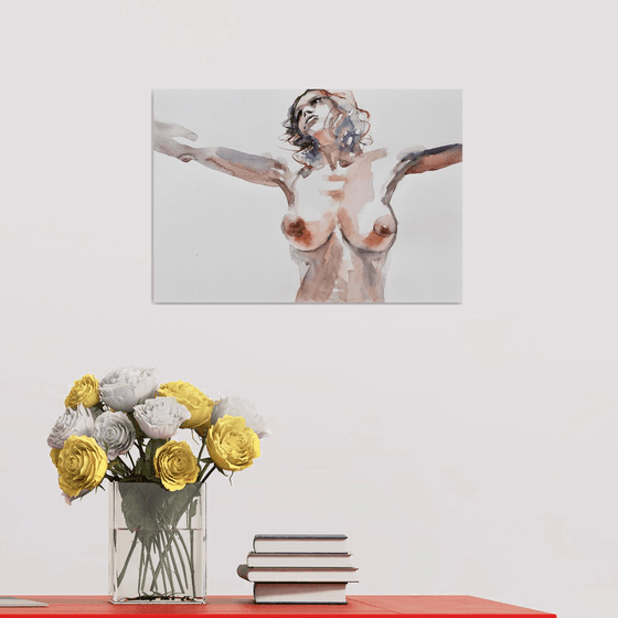 nude pose with raised hands.