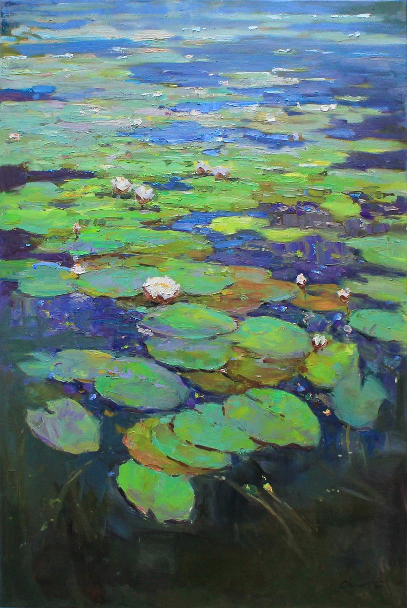 Impressionistic Botanical Oil Painting By Serhii Cherniakovskyi, 31 X 47", Water Lilies #4, Original Artwork