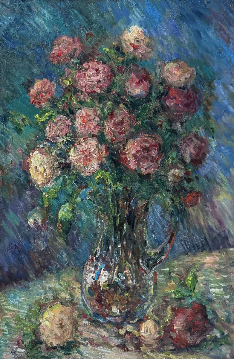 Expressive Still Life Oil Painting By Liubou Sas, 24 X 35", October Roses, Original Artwork