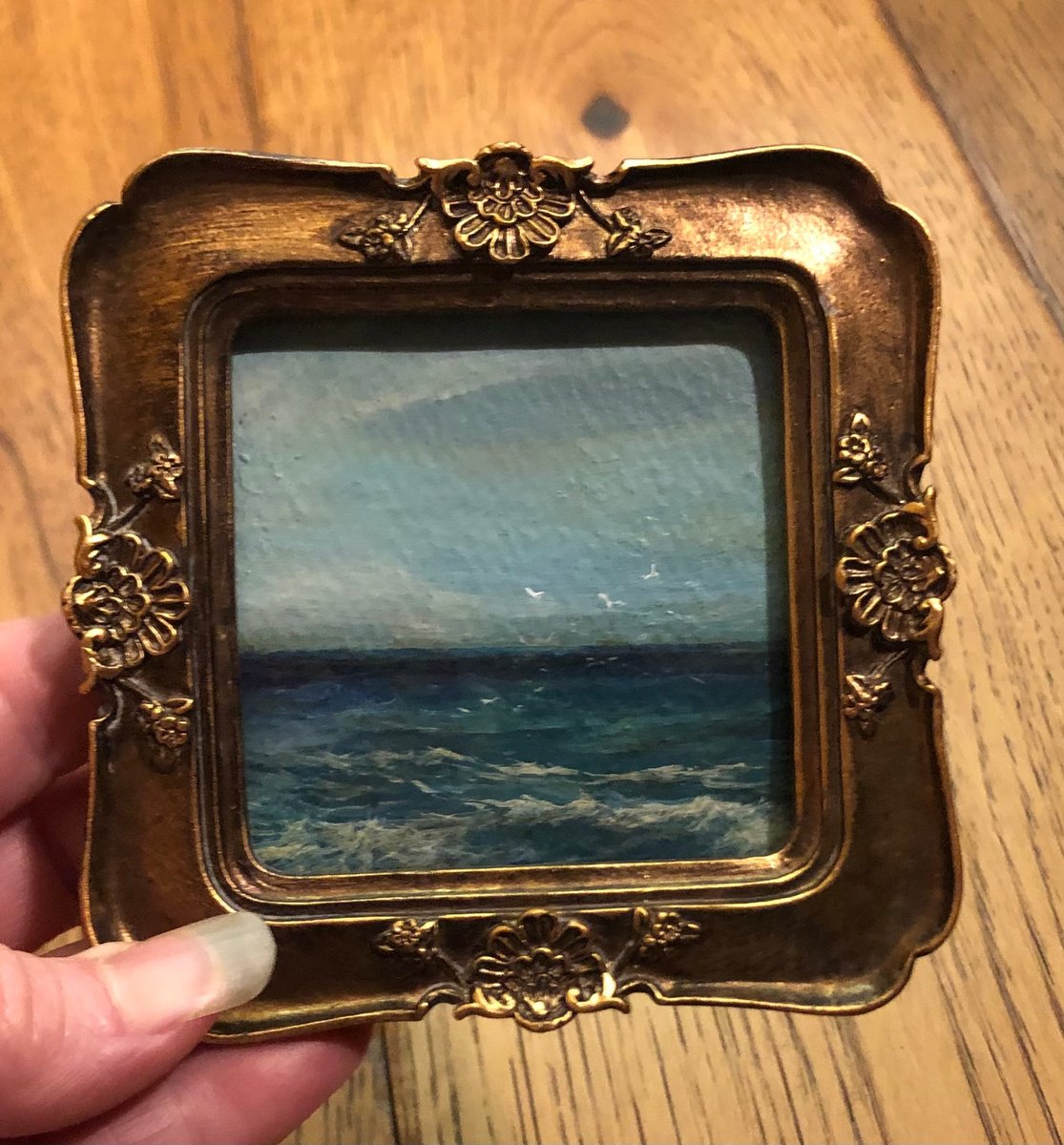 Impressionistic Landscape Acrylic Painting By Tamara Bettencourt, 4 X 4", Sea And Sea Birds, Original Artwork