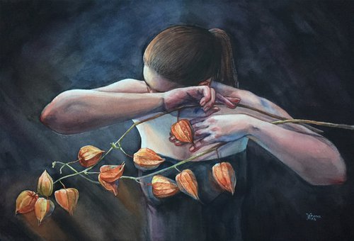 Woman with physalis. by Natalia Veyner