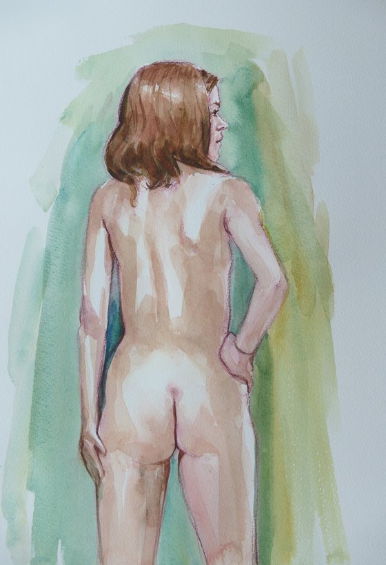 Standing female nude back study