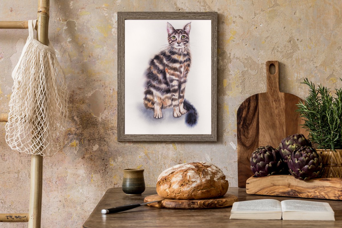 Illustrative Animal Watercolour By Delnara El, 11 X 16, Tiger Cat, Original Artwork