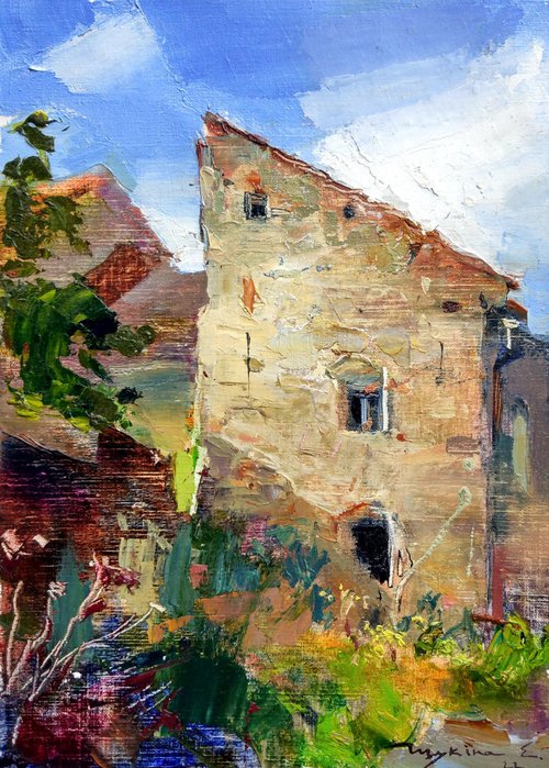 Ancient House . Streets of european old city Bardejov . Slovakia . Original plain air oil painting by Helen Shukina