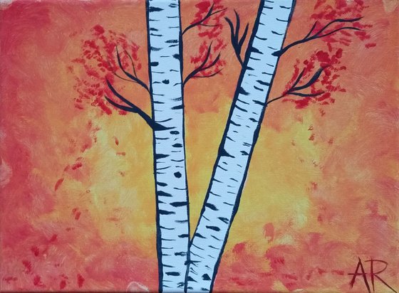Birch Life No. 1, Birch Tree Painting with Warm Colours