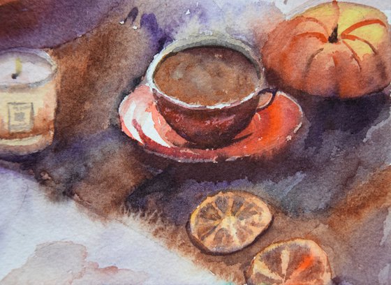 Halloween watercolour painting with pumpkin and coffee, autumn aesthetic wall art